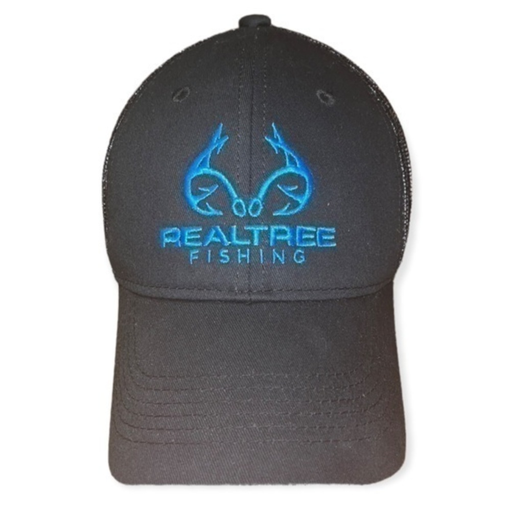 Realtree Fishing snap back hat colors are black and blue